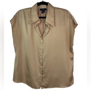 RACHEL Roy Beige/Gold Silk Cap-Sleeve Button-Front Blouse L
